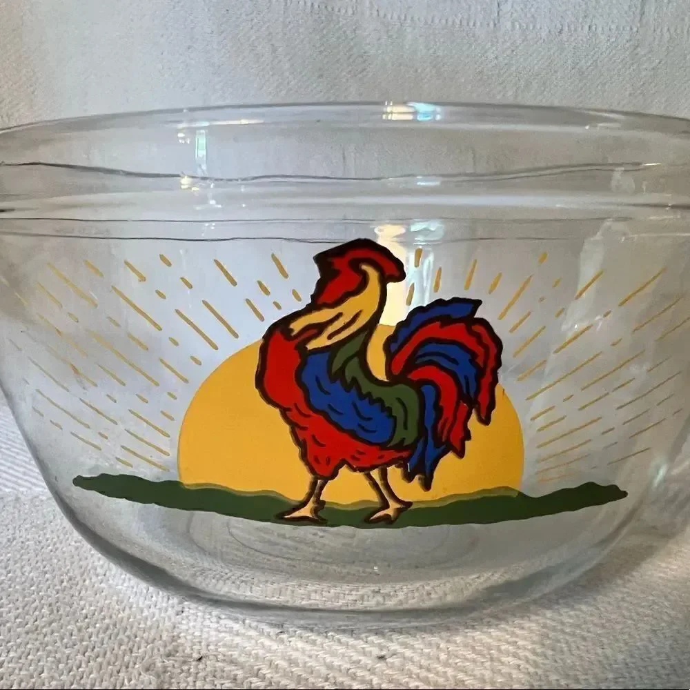 Vintage Anchor Hocking Rooster Sunshine Mixing Bowl Clear Glass 2.5 Qt TV Prop.